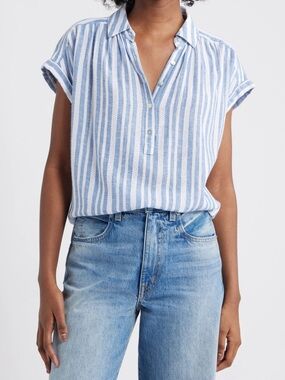 Striped Blue & White Short-Sleeve Popover Blouse